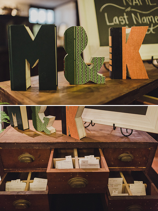 Wedding decor with custom initials on rustic desk drawers