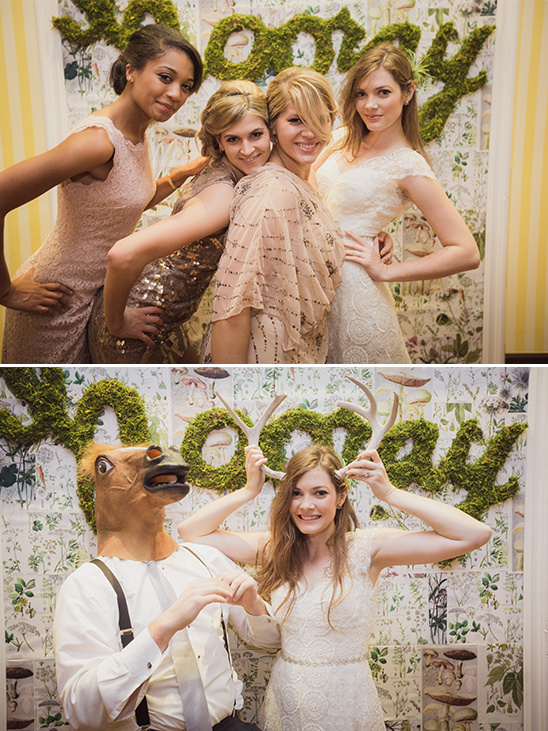 Bridesmaids posing for a photo at a wedding with a horse head