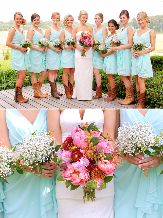 mint dresses with babys breath bouquets