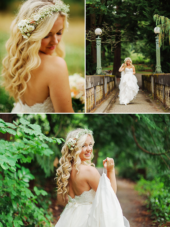 Beautiful bride with flower crown in wedding dress, smiling