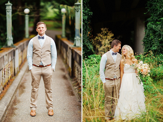 Groom on a bridge and bride on wedding day looking lovingly