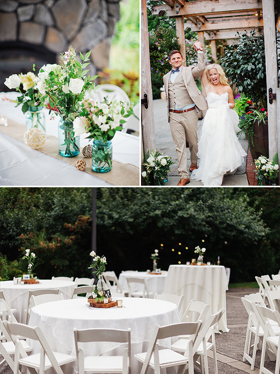 Wedding reception with flowers, tables, and happy couple celebration