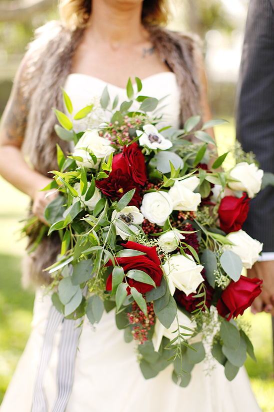 white and red cascade bouquet
