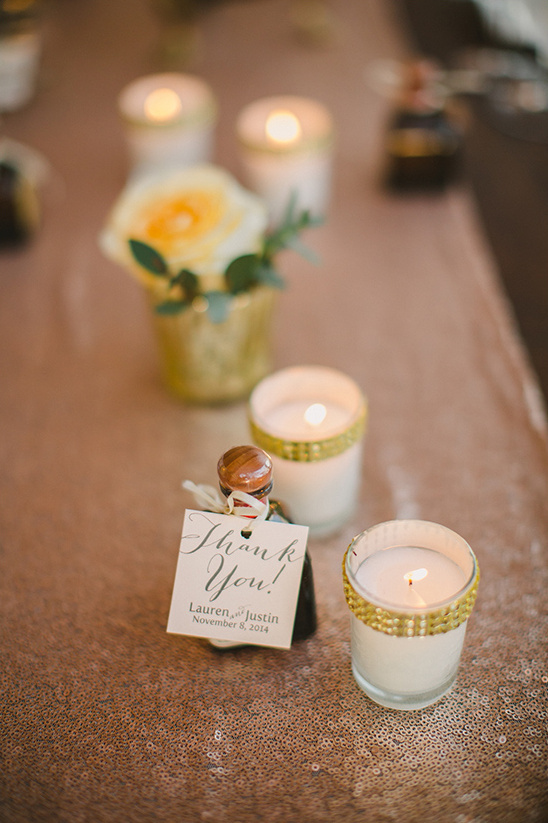 Wedding reception table decorations with candles and a thank you gift
