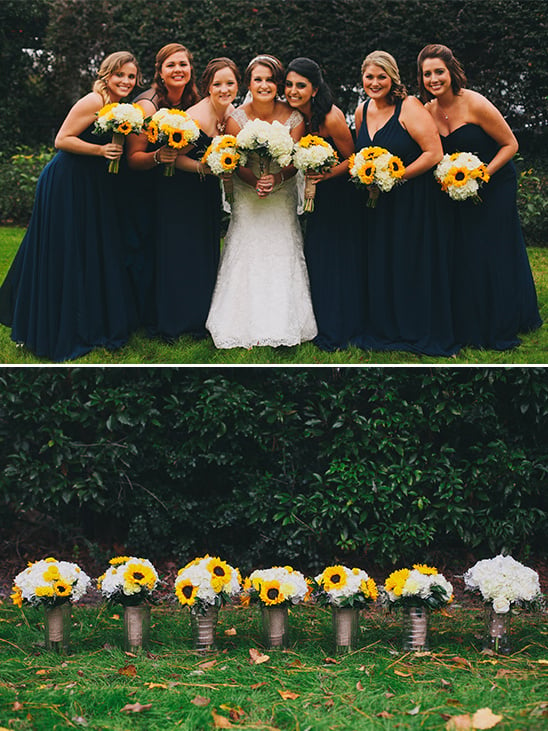navy bridesmaid dresses with sunflower bouquets @weddingchicks