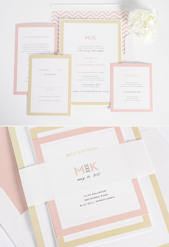 Elegant wedding invitation suite with blush and gold tones