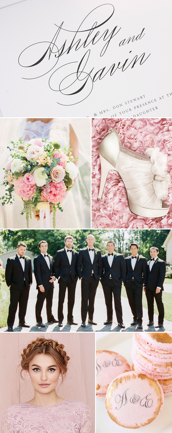 Wedding invitation, flowers, shoe, groomsmen, bridal look and macarons