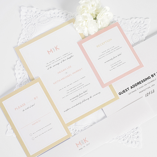 Elegant wedding invitations with pink and beige accents and floral details