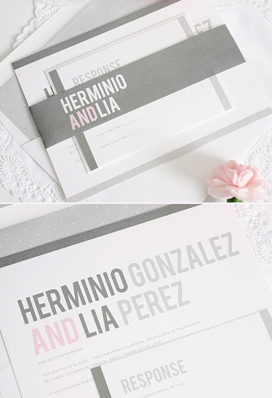 Elegant wedding invitation with names Herminio and Lia in gray and pink