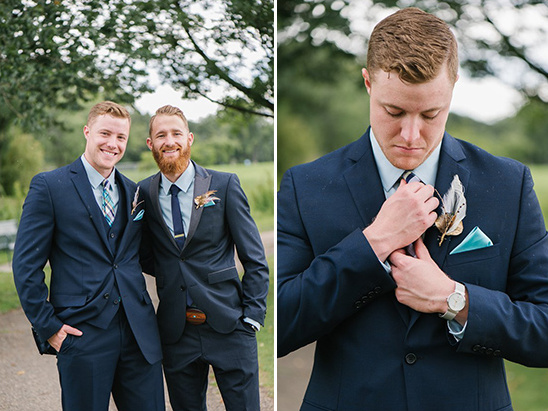 classy groomsmen with feather boutonnieres @weddingchicks