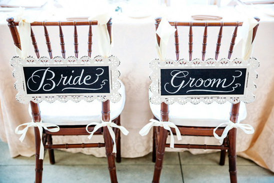cute chalkboard sign bride and groom seat signs @weddingchicks
