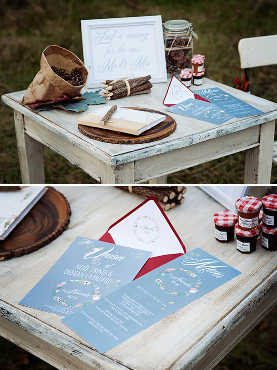 Rustic wedding decor with invitations, menu, and jars of jam