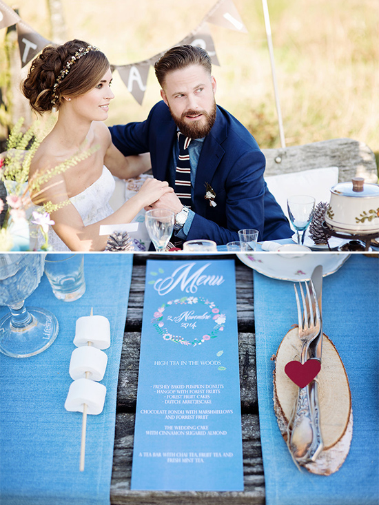 Wedding couple enjoying a romantic outdoor luncheon with menu