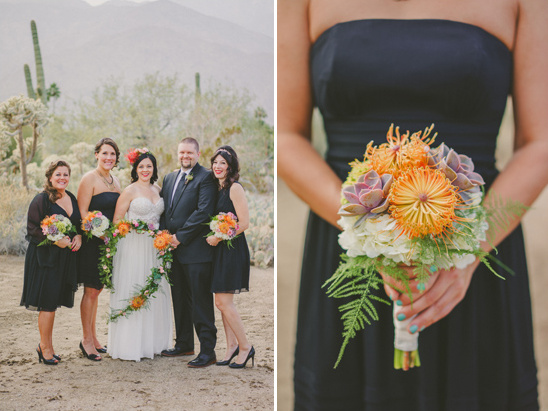 Desert wedding with bride, groom and bridesmaids, all in black