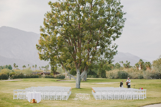 Outdoor wedding ceremony setup under a beautiful tree