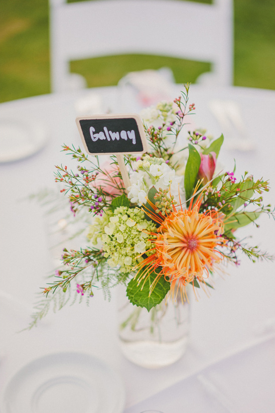 Galway table setting with flowers and sign at wedding reception