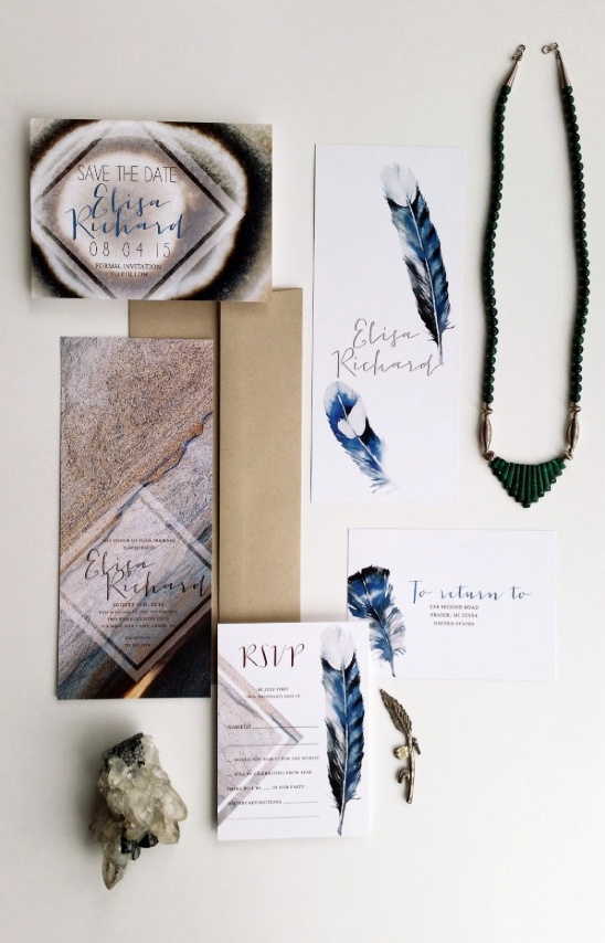 Elegant wedding stationary with feather design and necklace details