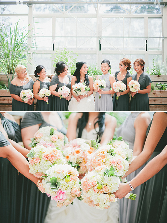 bridesmaids in grey with peach and pink bouquets @weddingchicks