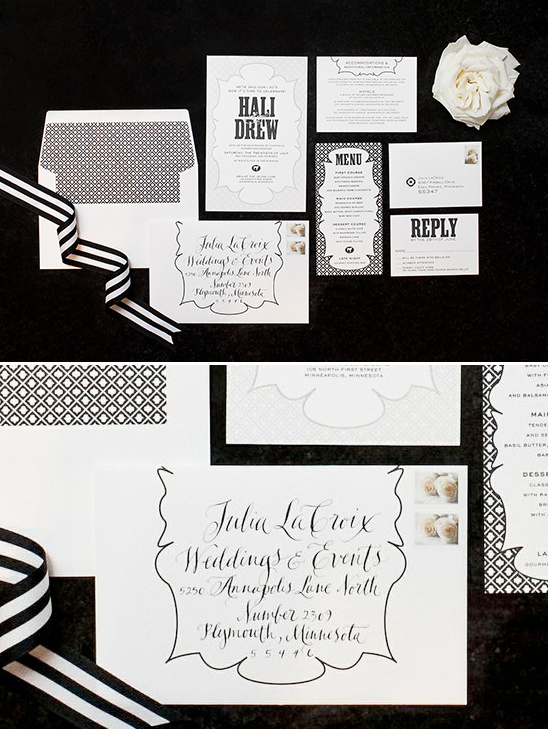 Elegant wedding invitation suite with calligraphy and details
