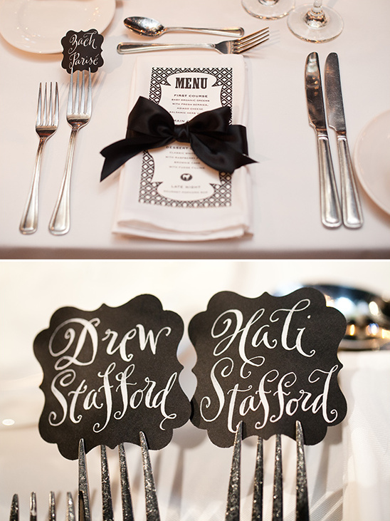 Elegant wedding table setting with name cards and menu display
