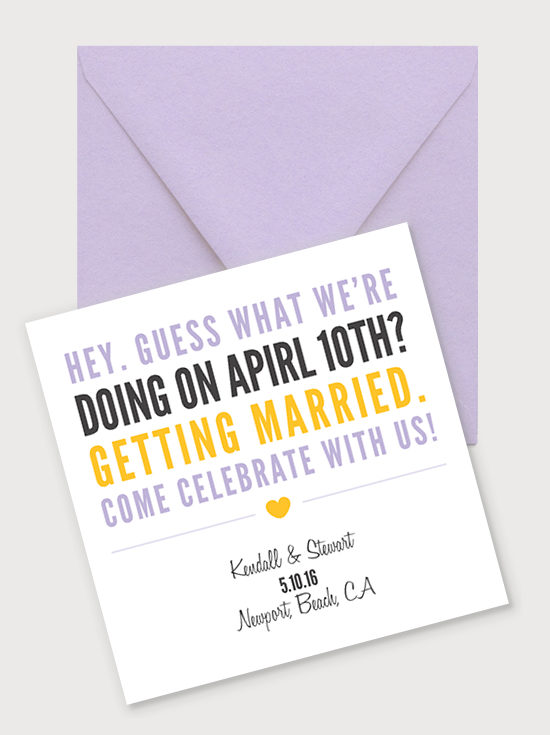 Wedding invitation with text and purple envelope, cute design