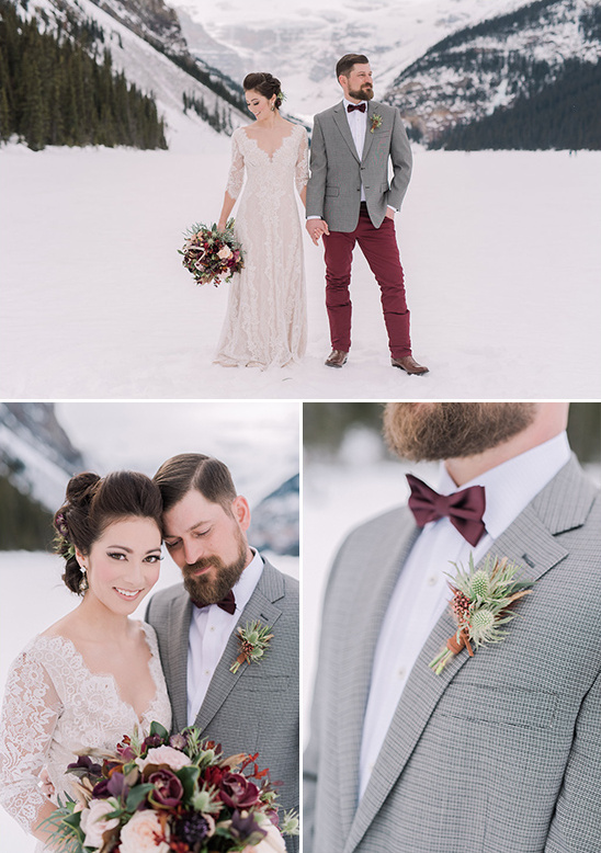 Winter wedding couple posing elegantly in snowy mountain landscape