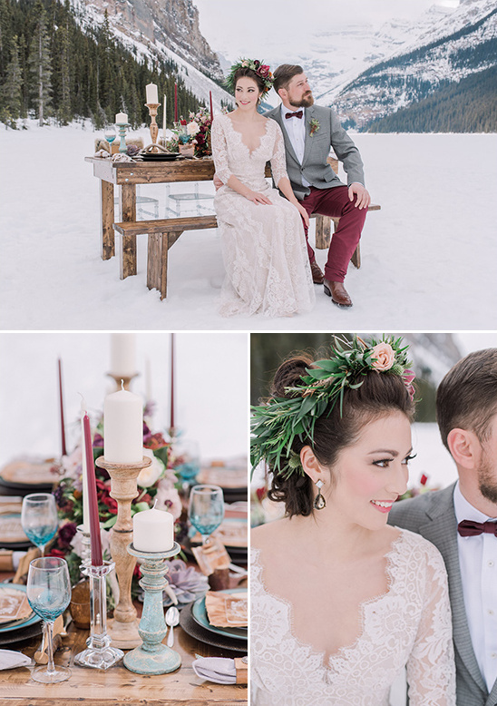 Romantic winter wedding couple and decor details in the snow