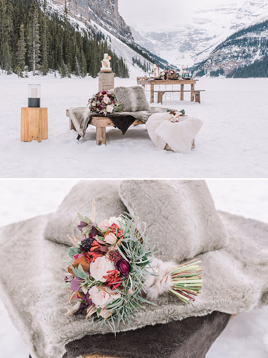 Winter wedding setting with snowy landscape and cozy decor