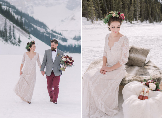 Winter wedding with bride and groom in elegant outfits in snowy landscape