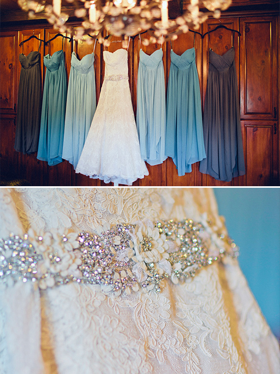 Bridesmaids dresses and wedding gown hanging ready