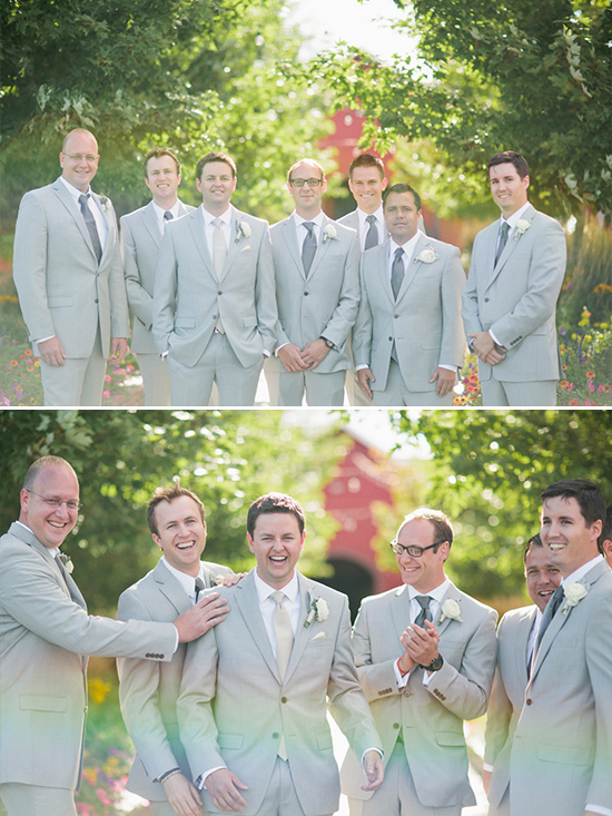Groom and groomsmen celebrate the wedding in the bright sunshine