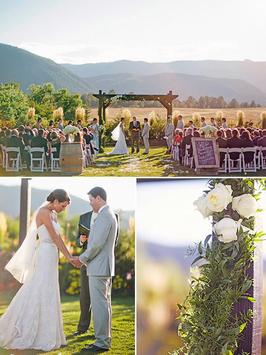 Outdoor wedding ceremony with scenic mountains in the background