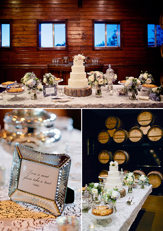 Wedding dessert table with cake and flowers in a rustic venue