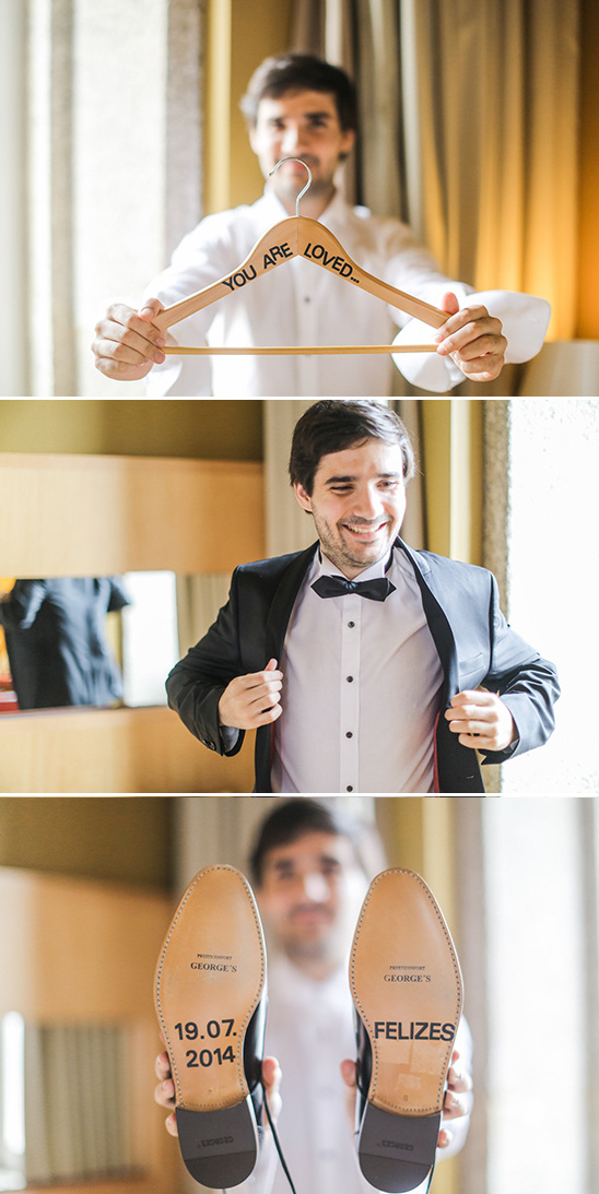 Groom getting ready: personalized hanger, shoes, wedding day