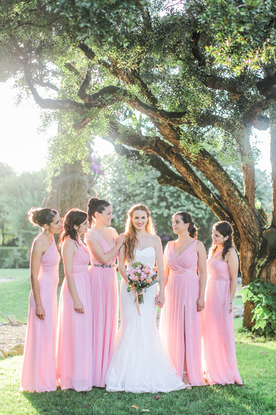 Bride and bridesmaids in pink dresses under a tree