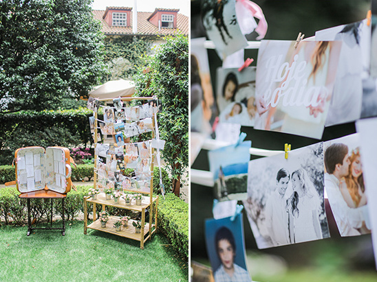 Wedding photos and decorations in an outdoor garden setting