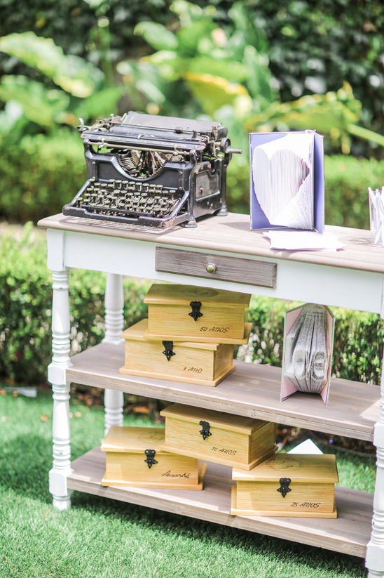 Vintage typewriter and wooden boxes on a decorated table outside