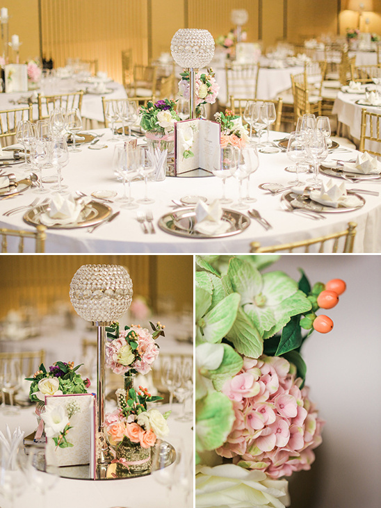 Elegant wedding reception table with floral centerpieces