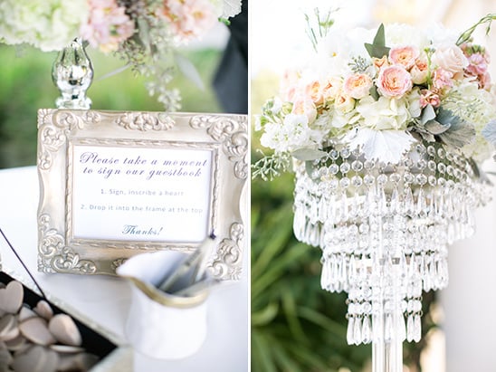 wooden heart guest book sign and flower accented chandeliere @weddingchicks