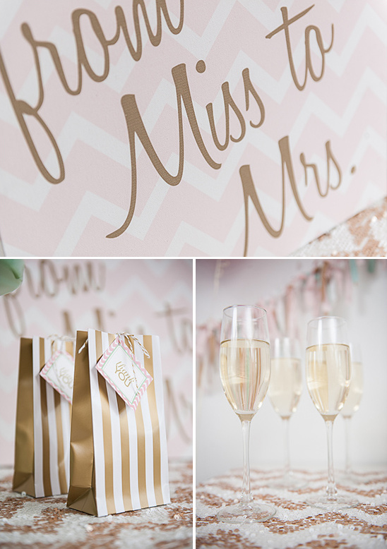 Bridal shower decor with champagne, gifts, and a party setting
