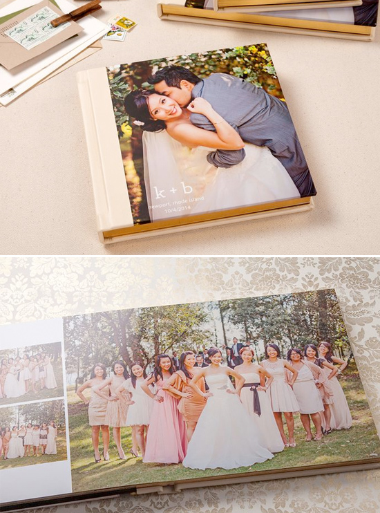 Wedding album with photos of bride, groom and bridesmaids