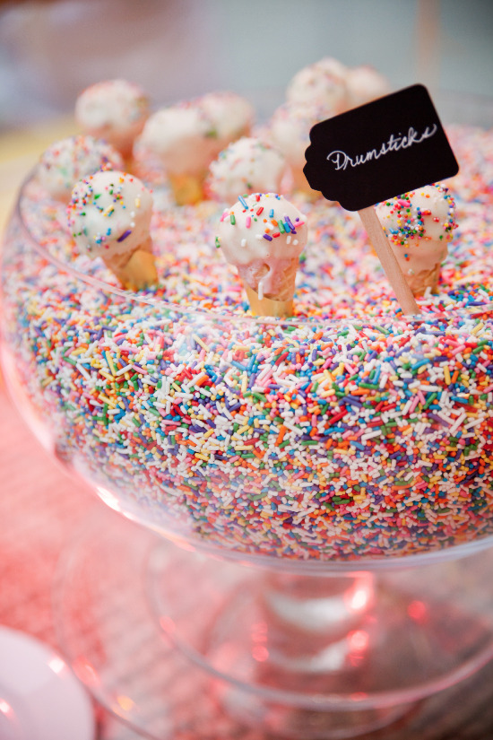 Drumsticks dessert with colorful sprinkles in a glass bowl