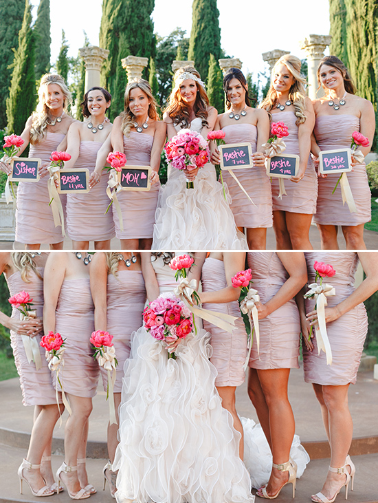 Blush bridesmaid dresses with single peony bouquets wrapped in gold ribbon @weddingchicks