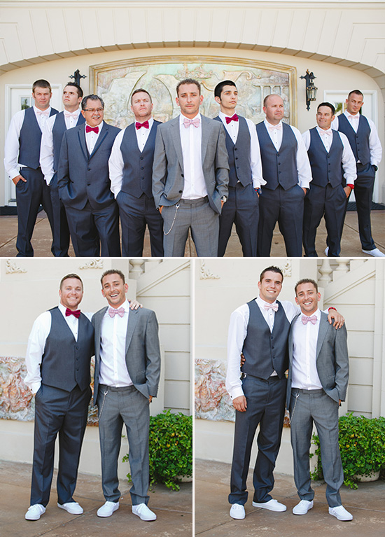 Gray groomsman suits with mismatched bowties and white tennis shoes @weddingchicks