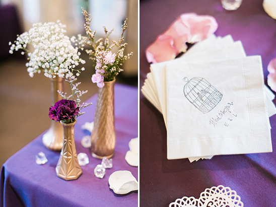 Wedding table decorations with flowers and custom napkins