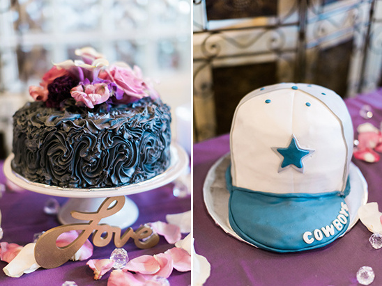 Two cakes a floral black one and a Dallas Cowboys hat cake
