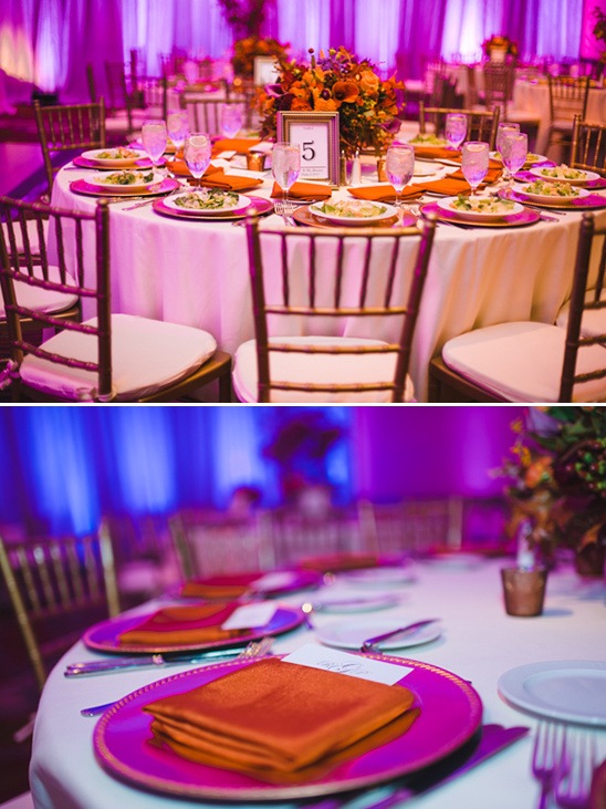 formal dinner reception with dramatic purple lighting @weddingchicks
