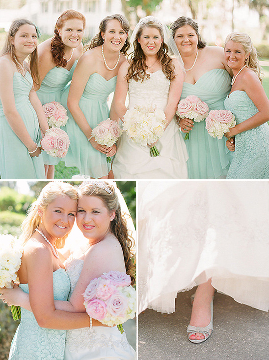 Teal bridesmaid dresses with pink bouquets @weddingchicks