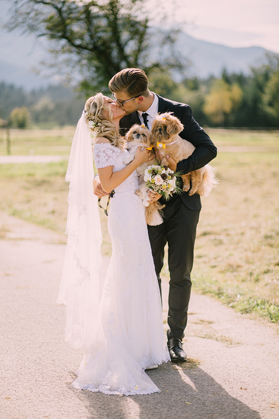 Newlyweds kiss with their dogs, a wedding day photo