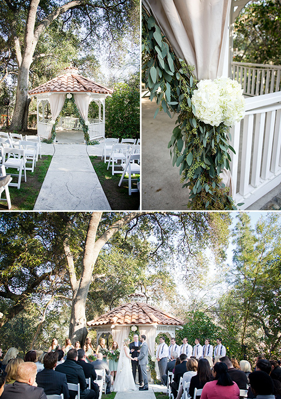 Outdoor wedding ceremony with a beautiful gazebo and decorations
